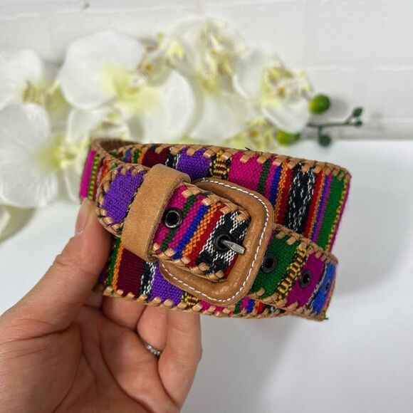 Guatemalan Leather Cotton Women’s Handmade Colorful Belt size 31in waist - Picture 1 of 8